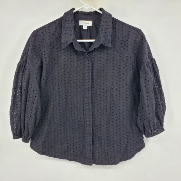 Evereve Emery Eyelet Puff Sleeve Button Down Career Black Blouse Shirt Top Small - Picture 1 of 5